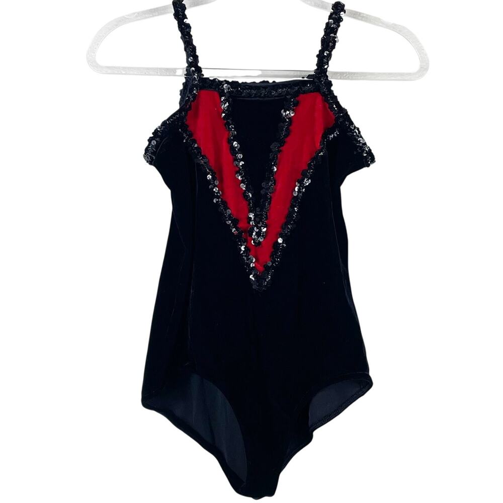 Star Styled Girls Black Velvet Sequin Red Panel Spaghetti Strap Costume XL USA